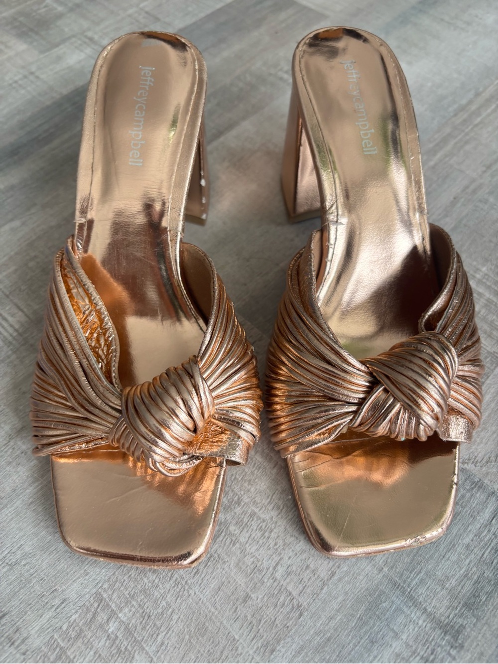 Jeffrey Campbell Metallic Rose Gold Knot-Front Block Heel Sandals